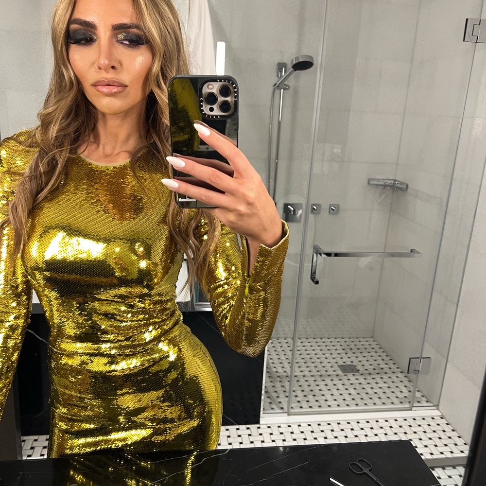 Tom Ford Gold Liquid Sequin Mini Dress Long Sleeve EU 36 NWT party birthday - Picture 8 of 15